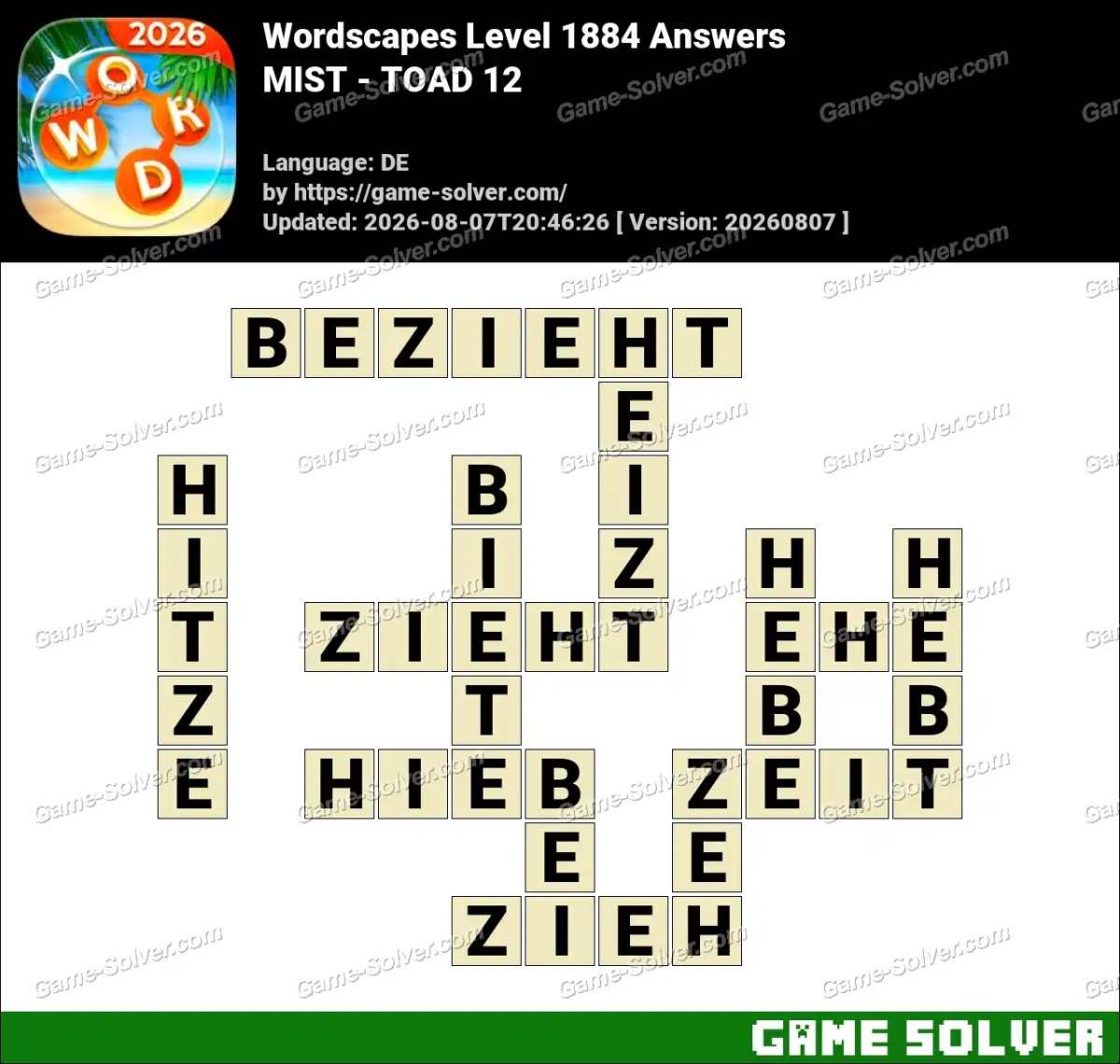 Wordscapes Deutsche Level 1884 Answers — MIST - TOAD 12