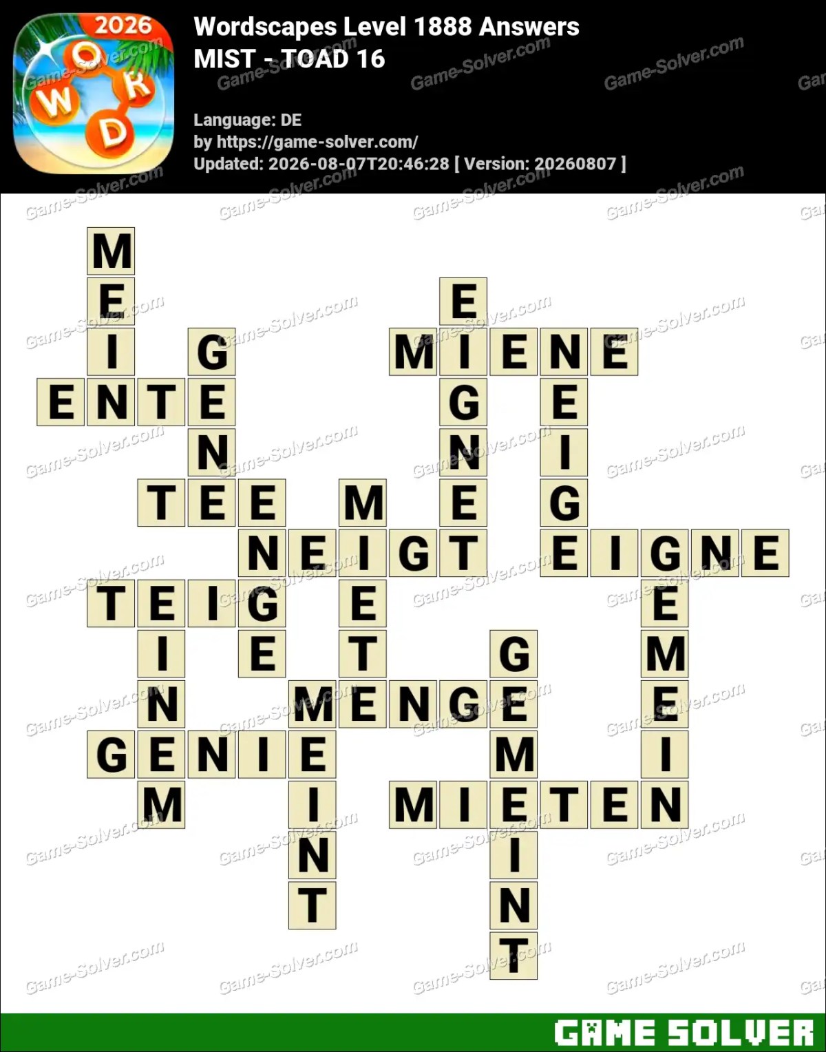 Wordscapes Deutsche Level 1888 Answers — MIST - TOAD 16