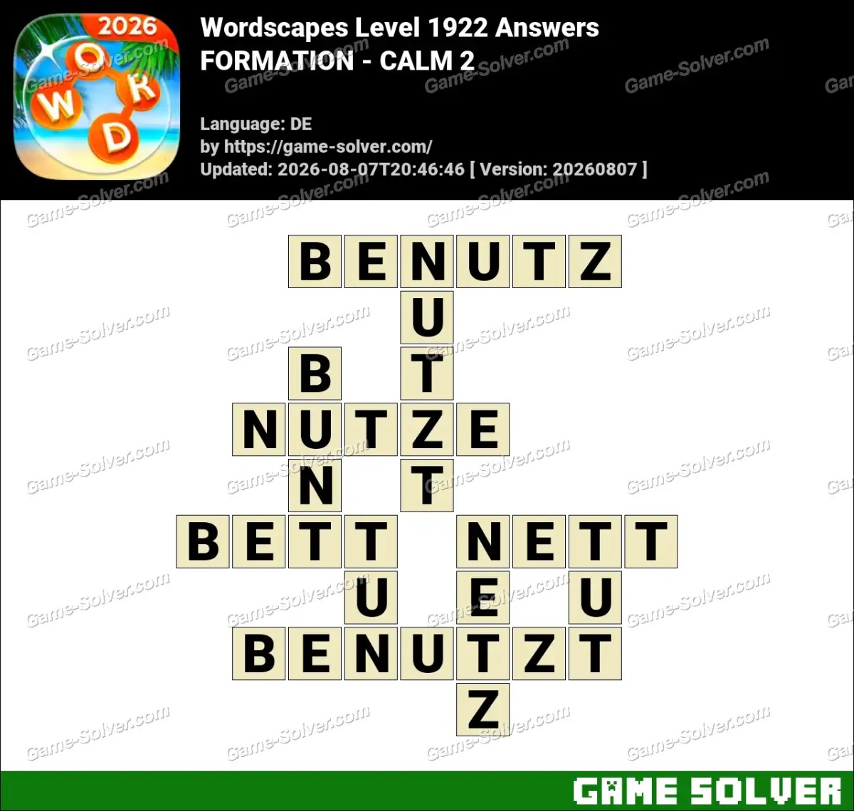 Wordscapes Deutsche Level 1922 Answers — FORMATION - CALM 2