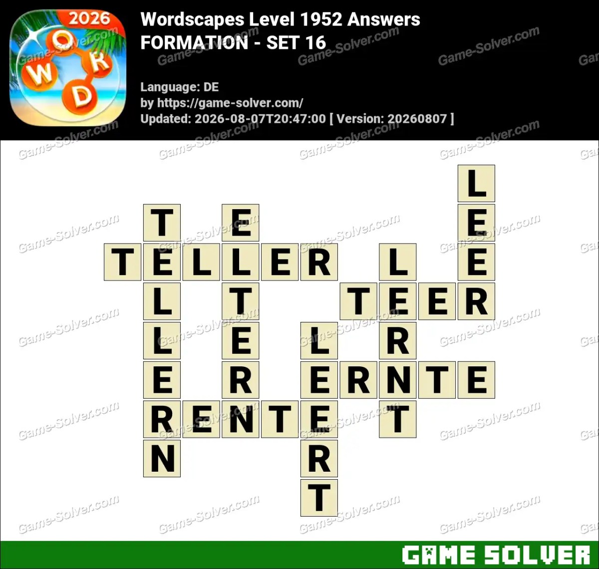 Wordscapes Deutsche Level 1952 Answers — FORMATION - SET 16