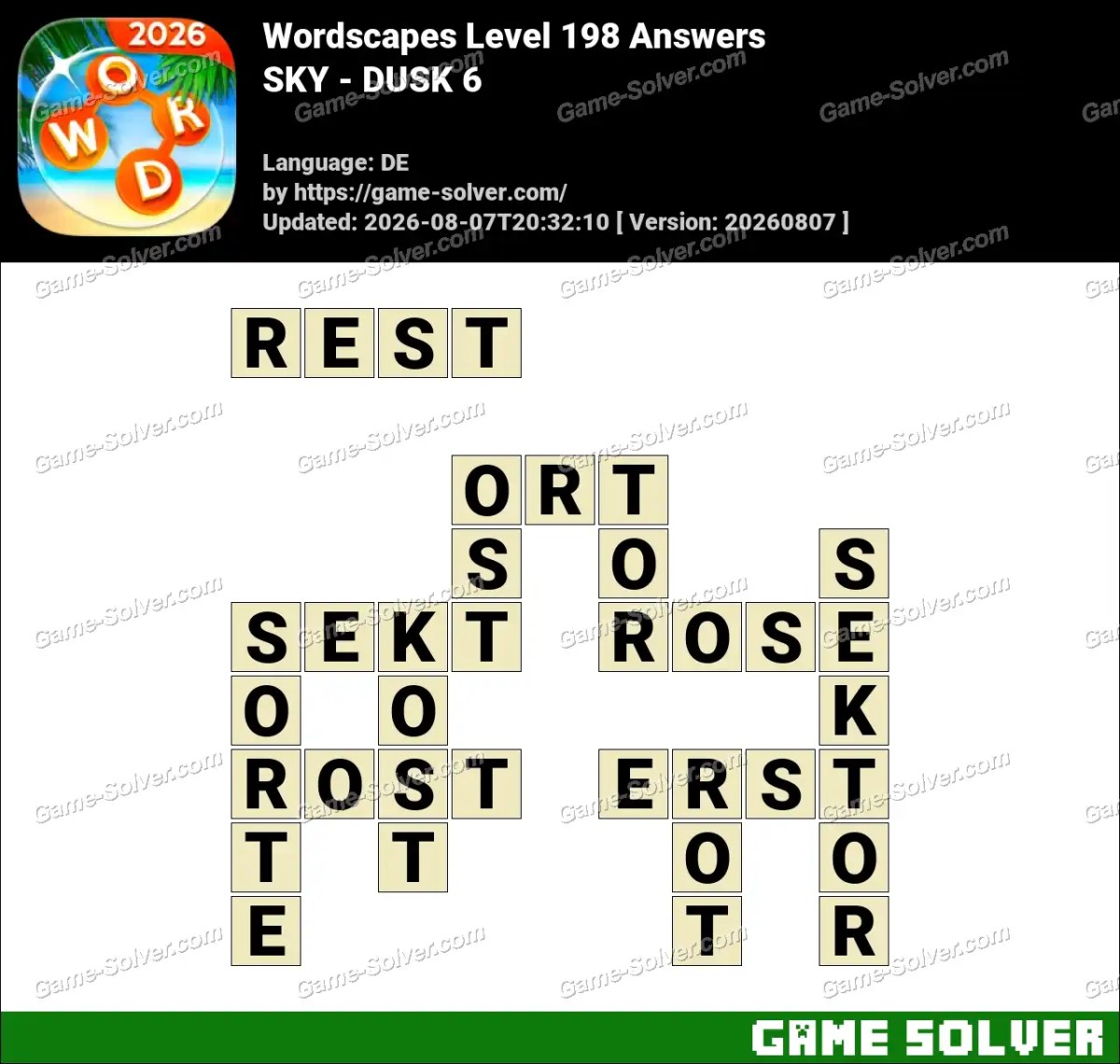 Wordscapes Deutsche Level 198 Answers — SKY - DUSK 6