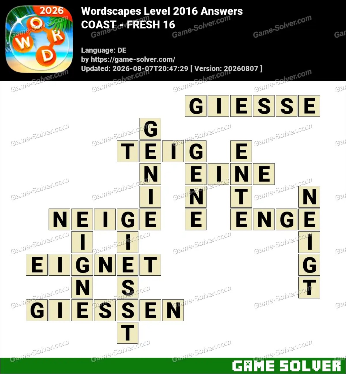 Wordscapes Deutsche Level 2016 Answers — COAST - FRESH 16