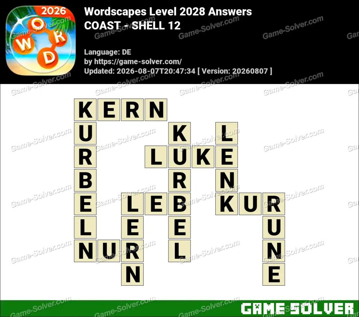 Wordscapes Deutsche Level 2028 Answers — COAST - SHELL 12