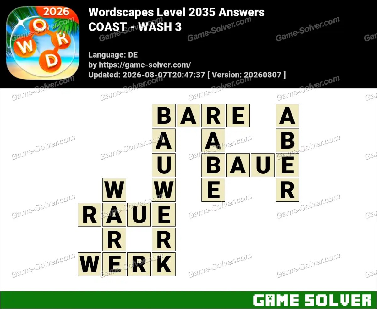 Wordscapes Deutsche Level 2035 Answers — COAST - WASH 3