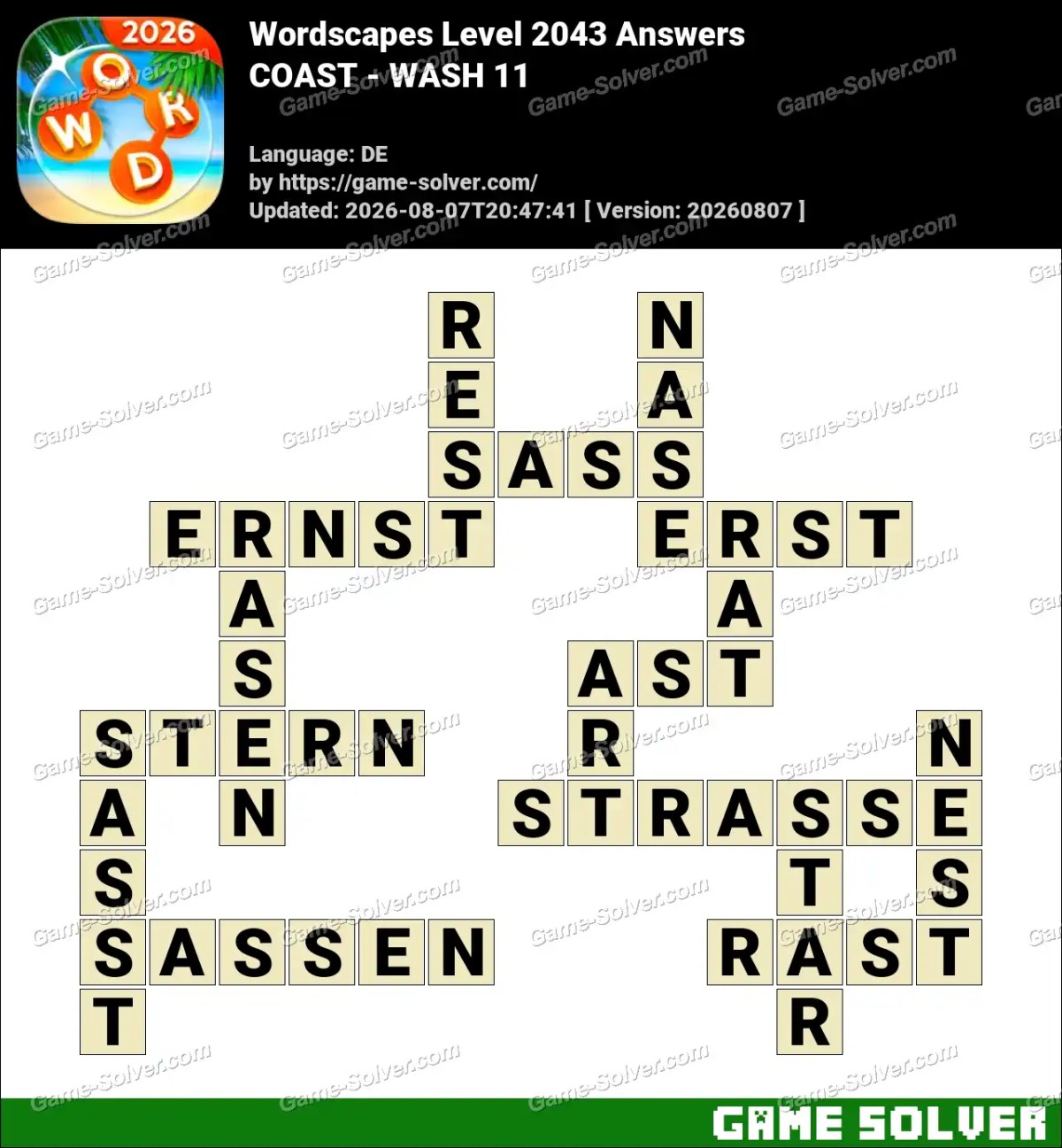 Wordscapes Deutsche Level 2043 Answers — COAST - WASH 11