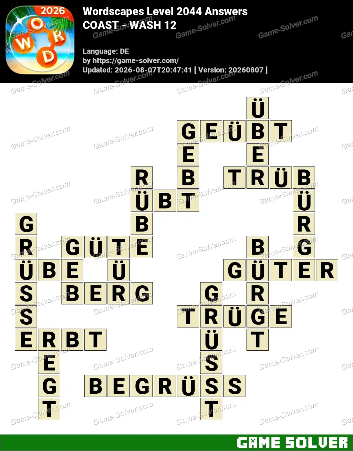 Wordscapes Deutsche Level 2044 Answers — COAST - WASH 12