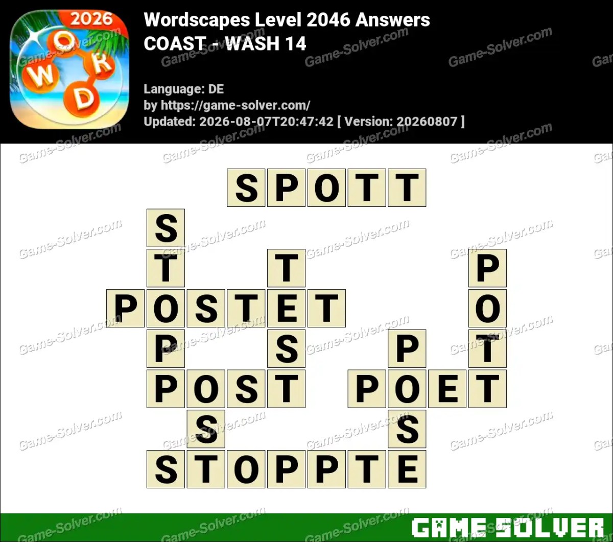 Wordscapes Deutsche Level 2046 Answers — COAST - WASH 14