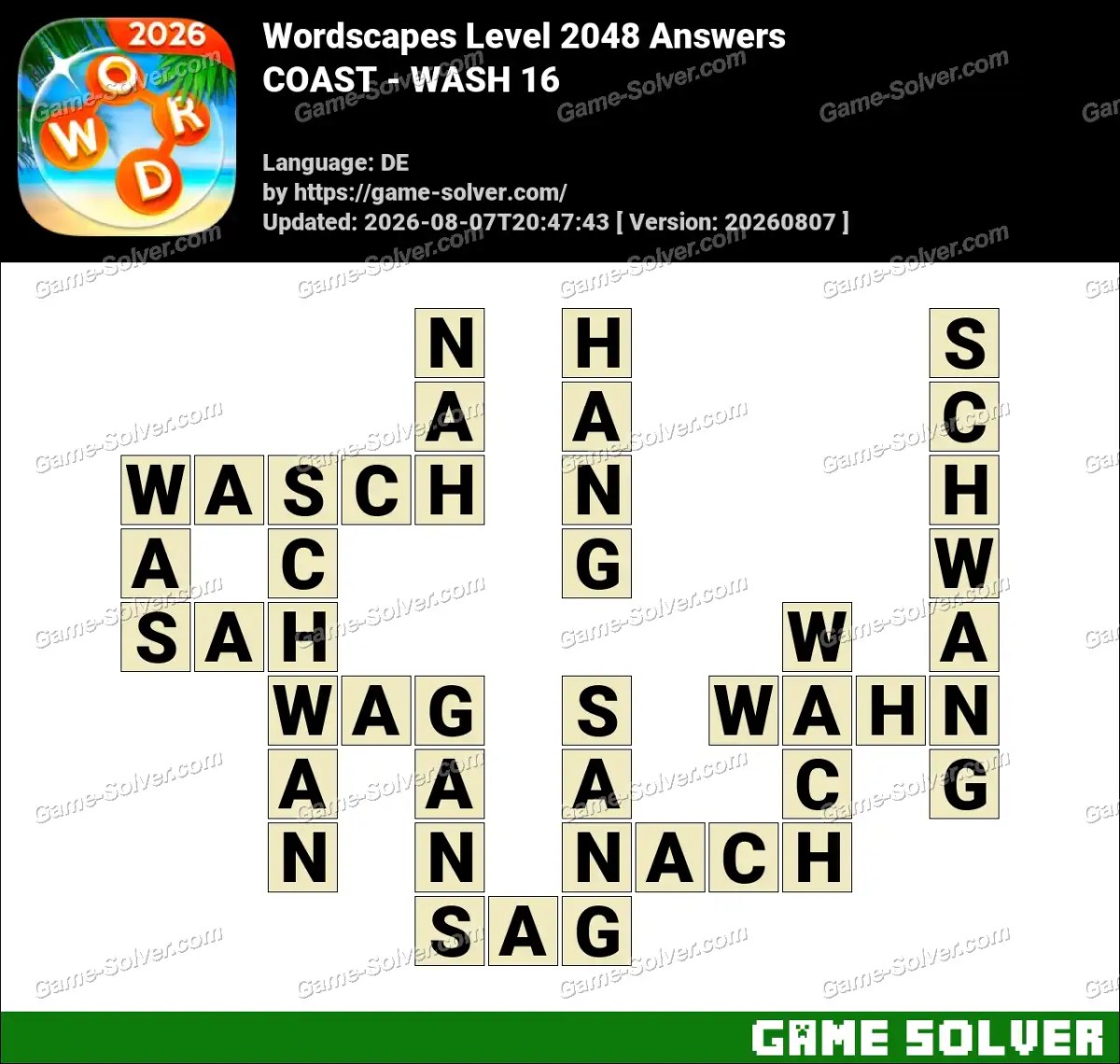Wordscapes Deutsche Level 2048 Answers — COAST - WASH 16