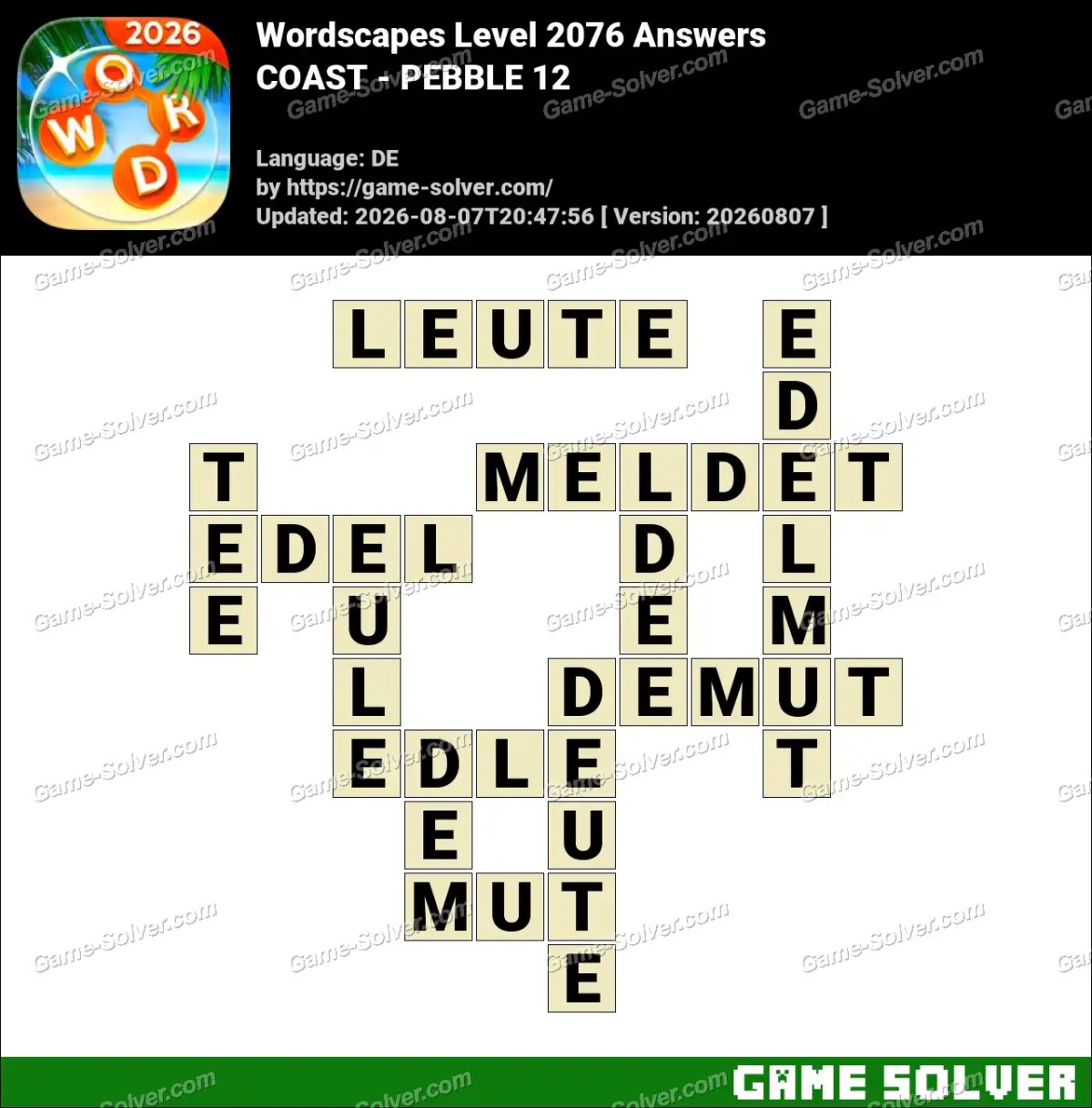 Wordscapes Deutsche Level 2076 Answers — COAST - PEBBLE 12