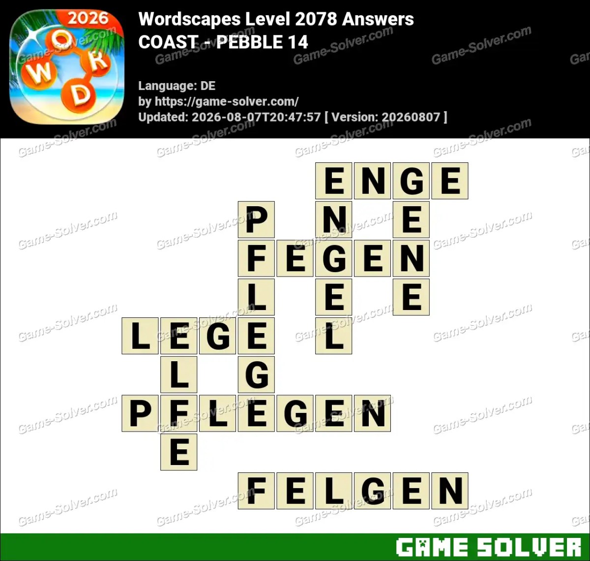 Wordscapes Deutsche Level 2078 Answers — COAST - PEBBLE 14