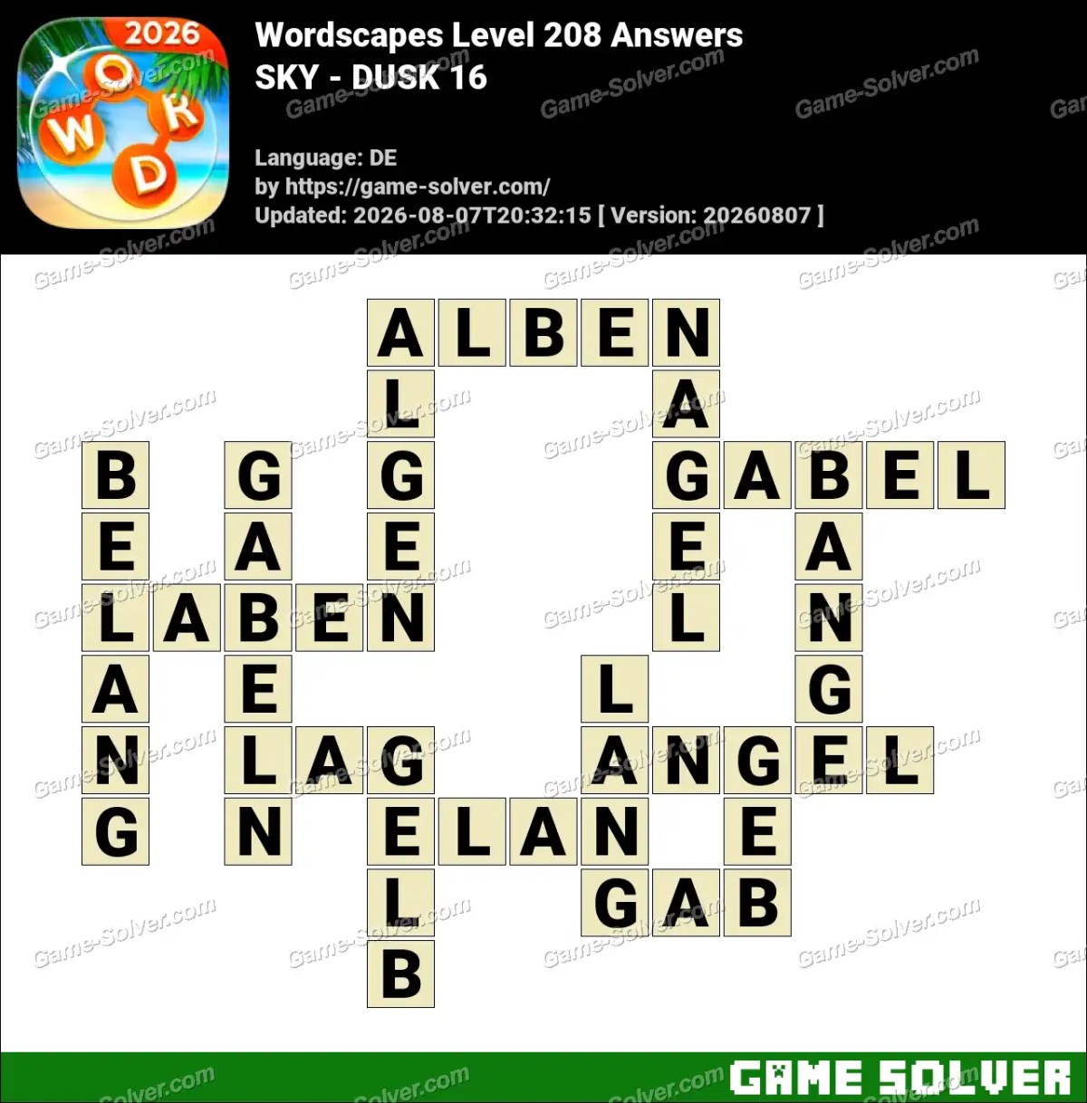 Wordscapes Deutsche Level 208 Answers — SKY - DUSK 16