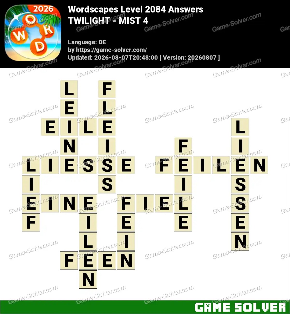 Wordscapes Deutsche Level 2084 Answers — TWILIGHT - MIST 4