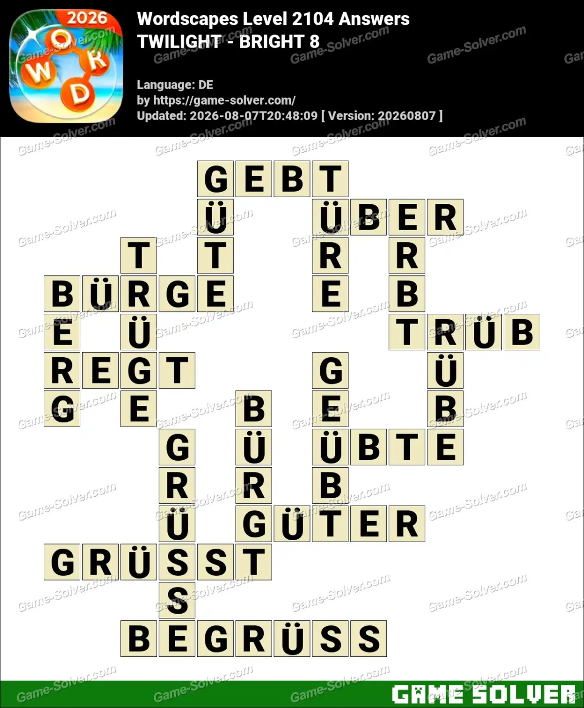 Wordscapes Deutsche Level 2104 Answers — TWILIGHT - BRIGHT 8