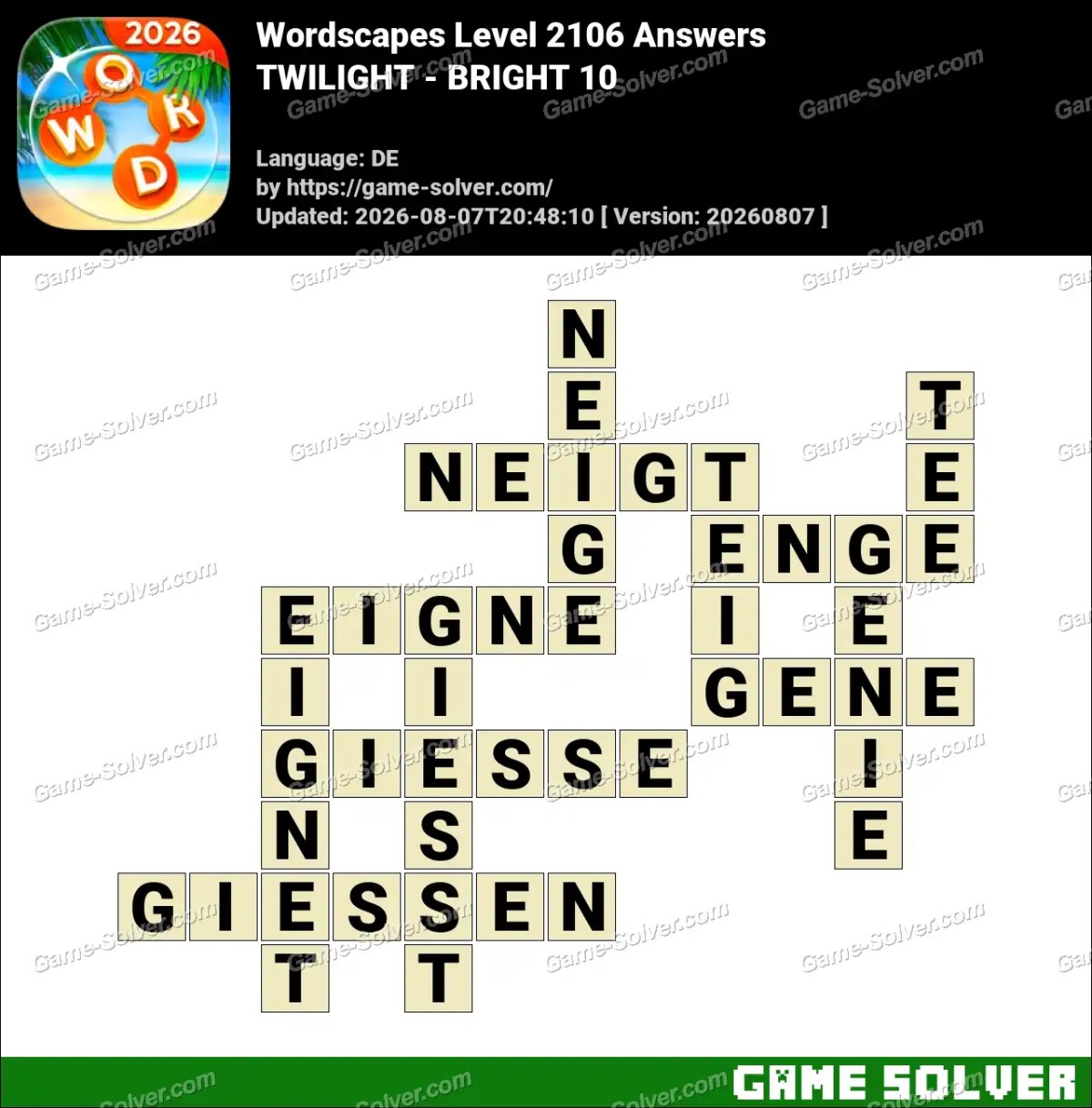 Wordscapes Deutsche Level 2106 Answers — TWILIGHT - BRIGHT 10