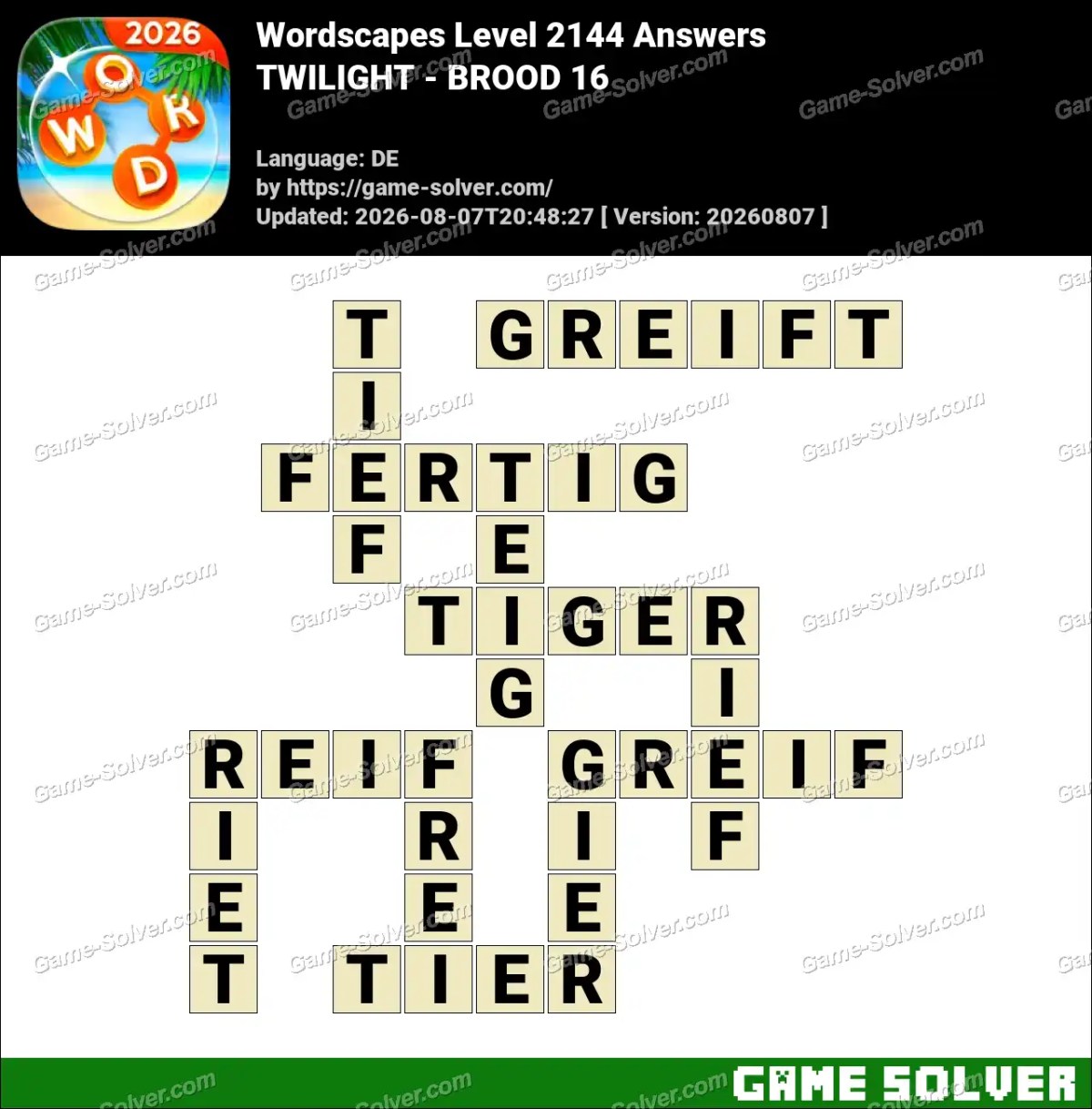 Wordscapes Deutsche Level 2144 Answers — TWILIGHT - BROOD 16