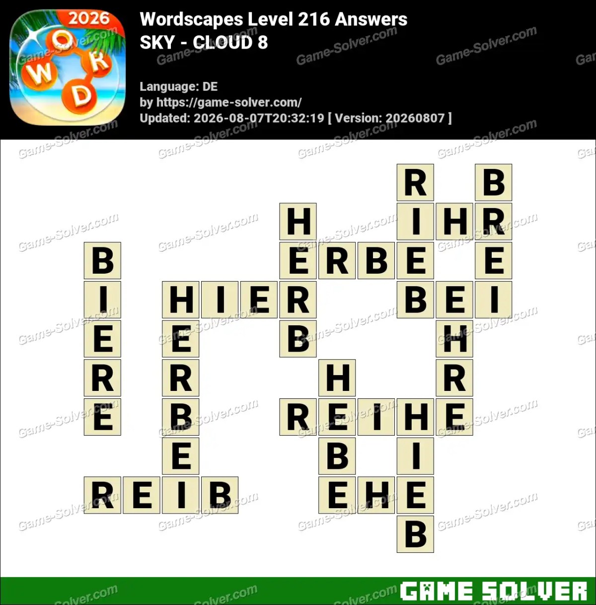 Wordscapes Deutsche Level 216 Answers — SKY - CLOUD 8