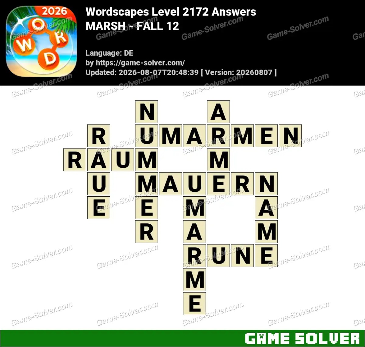 Wordscapes Deutsche Level 2172 Answers — MARSH - FALL 12