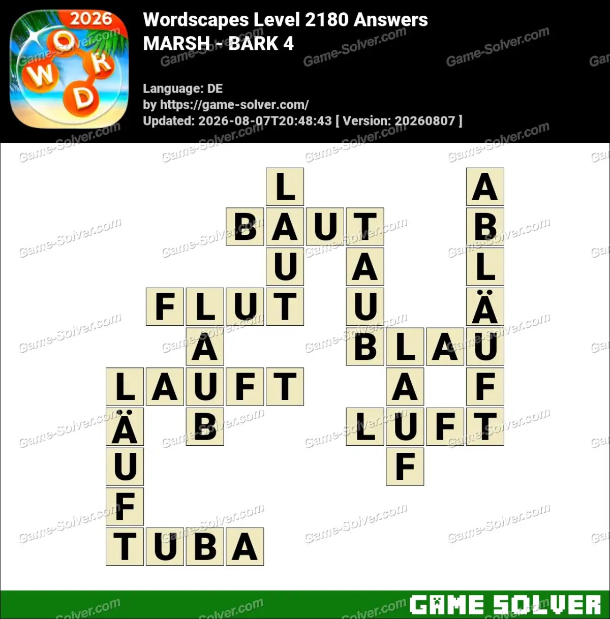 Wordscapes Deutsche Level 2180 Answers — MARSH - BARK 4