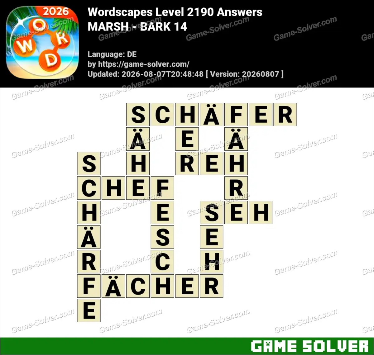 Wordscapes Deutsche Level 2190 Answers — MARSH - BARK 14