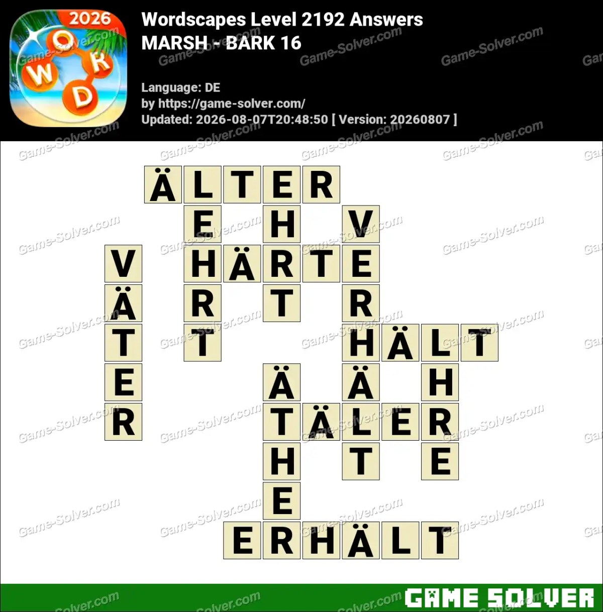 Wordscapes Deutsche Level 2192 Answers — MARSH - BARK 16