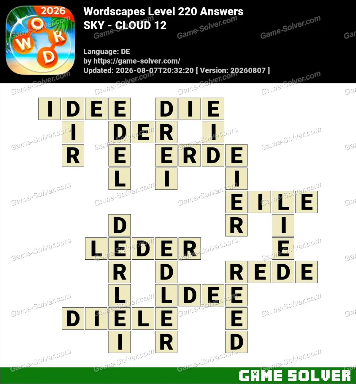 Wordscapes Deutsche Level 220 Answers — SKY - CLOUD 12