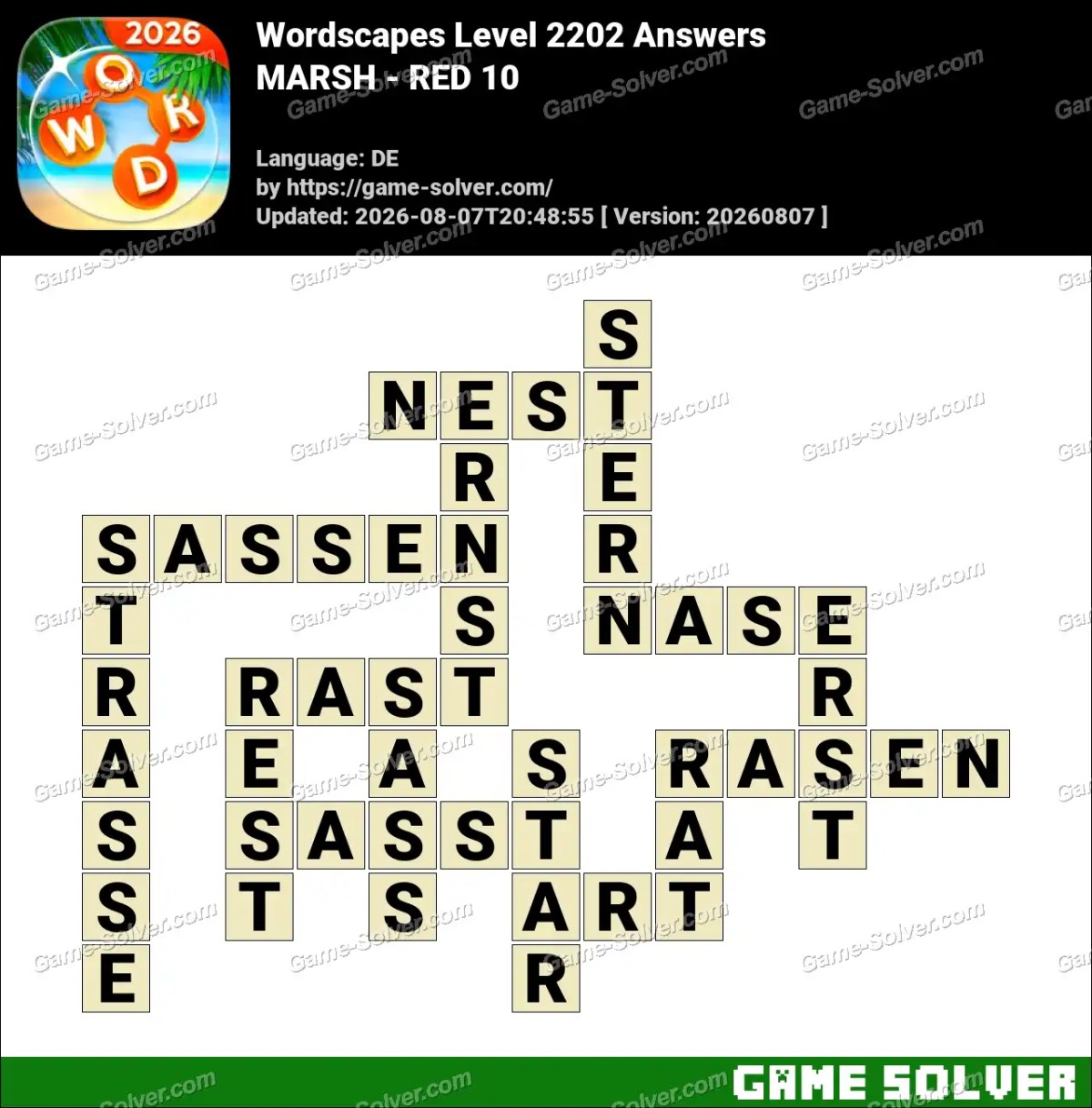 Wordscapes Deutsche Level 2202 Answers — MARSH - RED 10