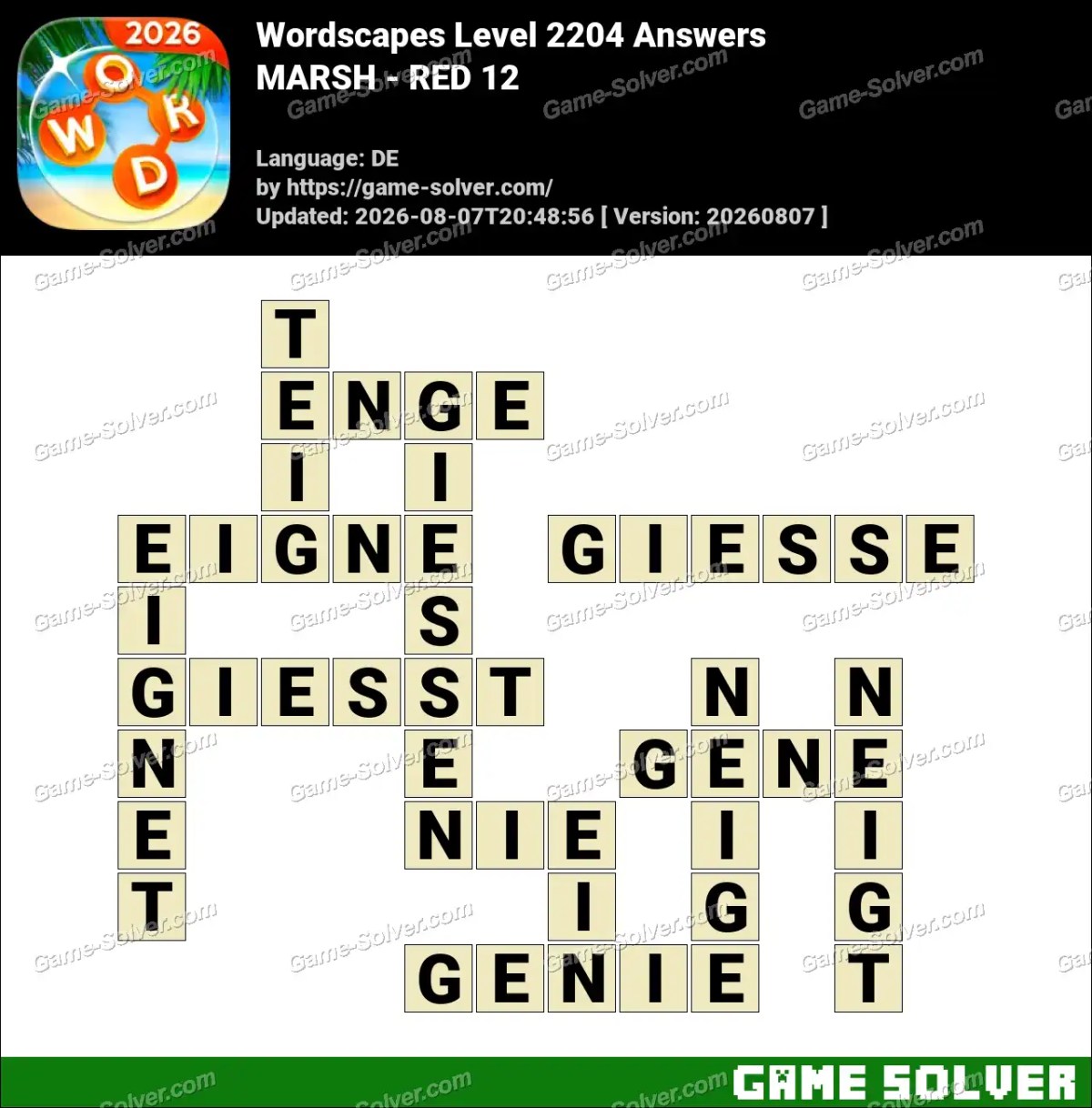 Wordscapes Deutsche Level 2204 Answers — MARSH - RED 12