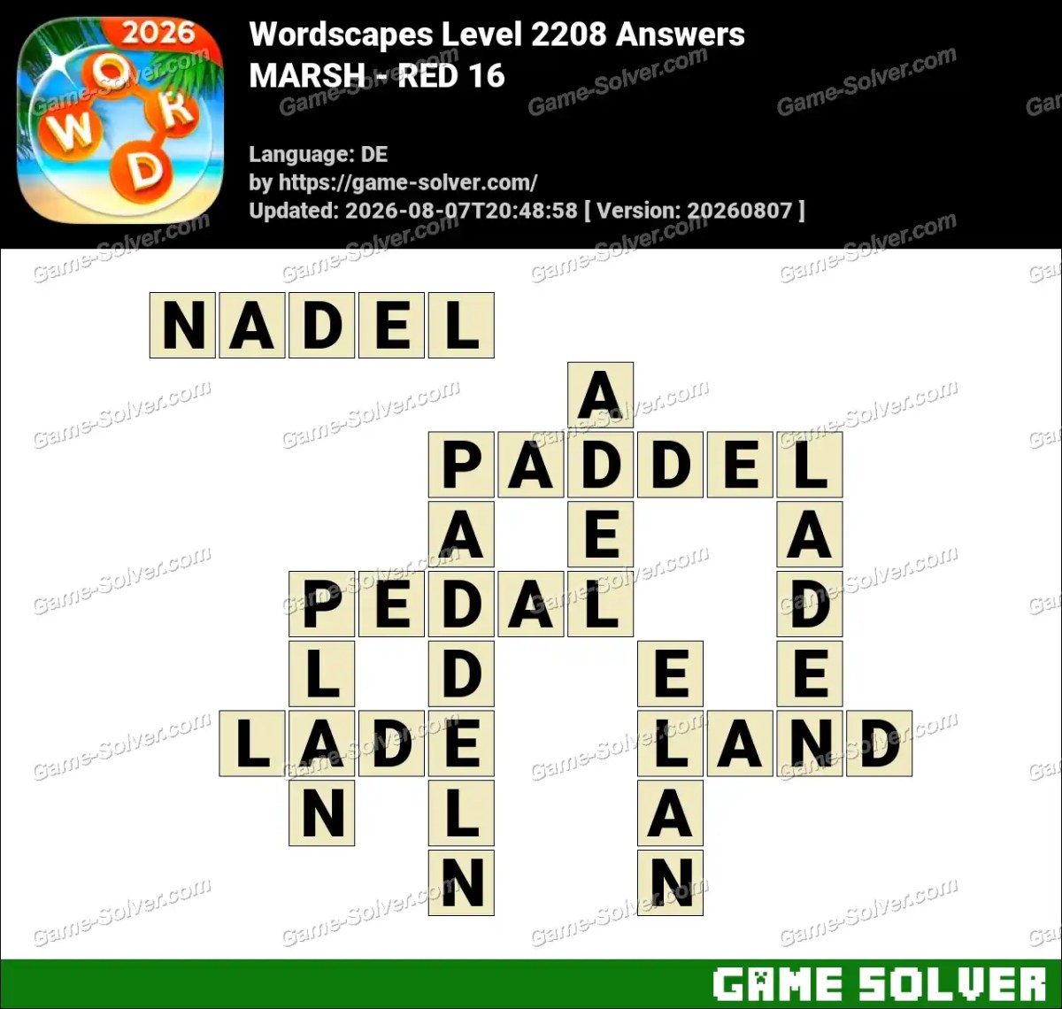 Wordscapes Deutsche Level 2208 Answers — MARSH - RED 16