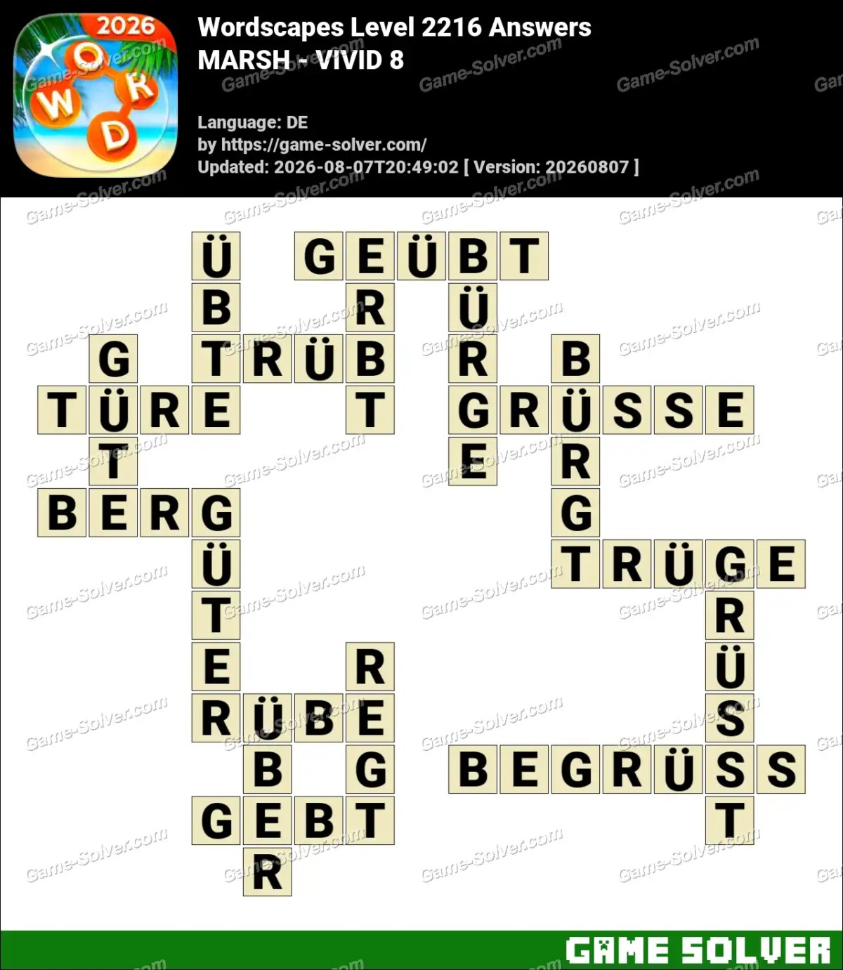 Wordscapes Deutsche Level 2216 Answers — MARSH - VIVID 8