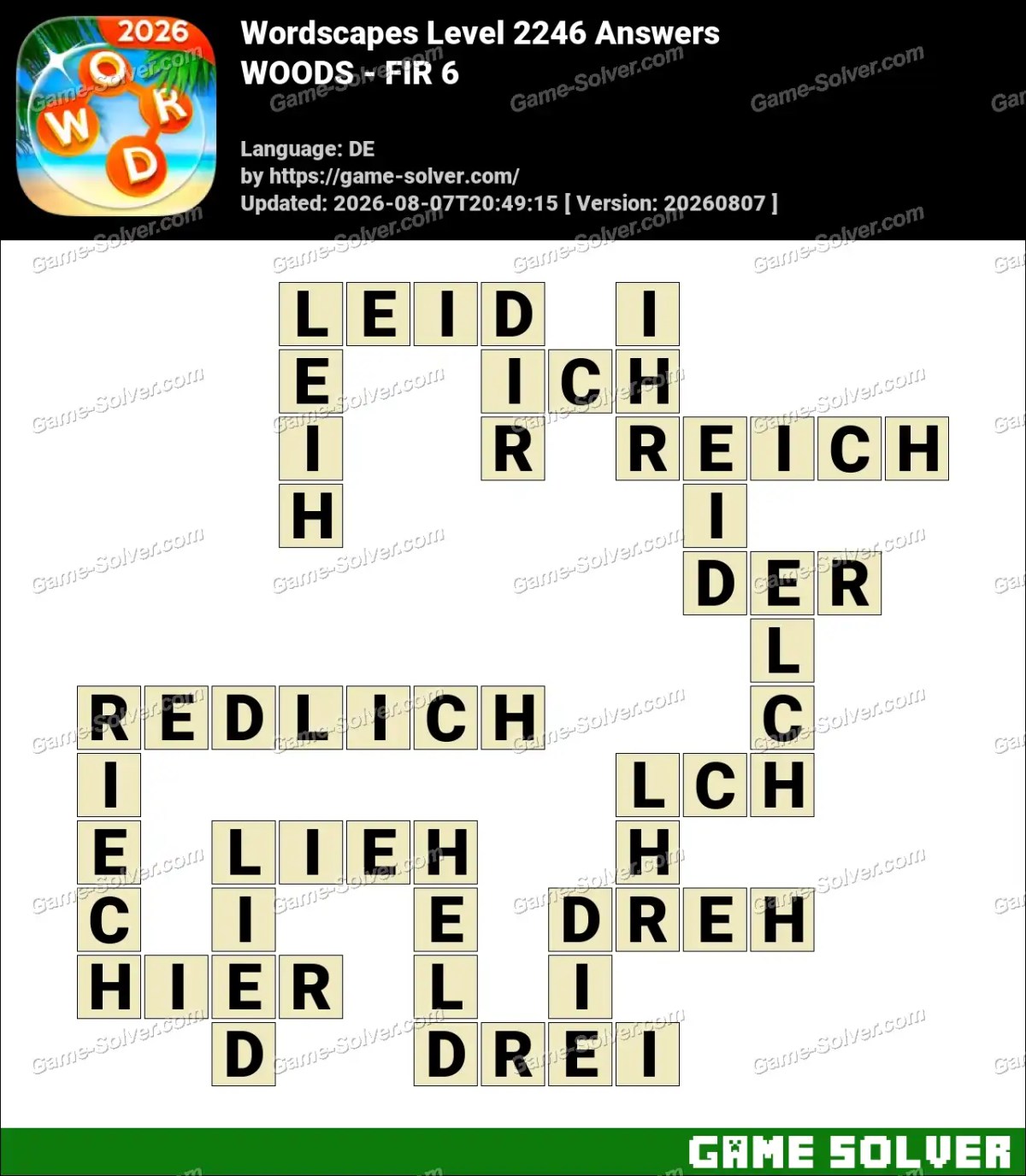 Wordscapes Deutsche Level 2246 Answers — WOODS - FIR 6