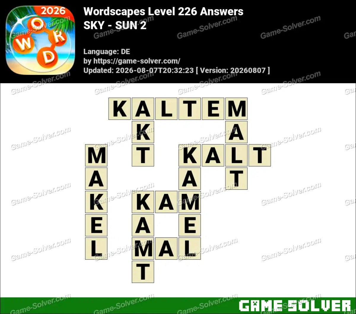 Wordscapes Deutsche Level 226 Answers — SKY - SUN 2