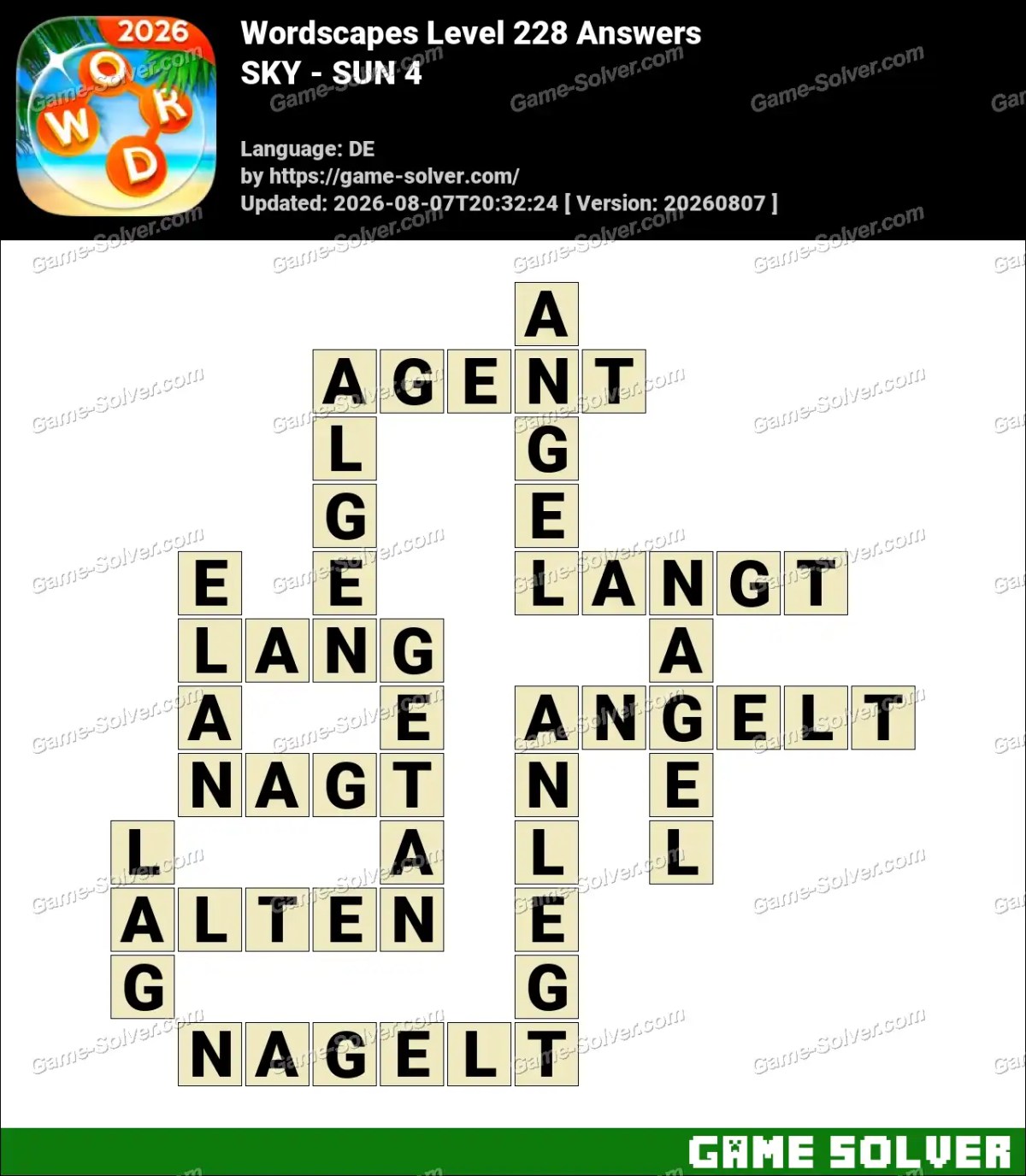 Wordscapes Deutsche Level 228 Answers — SKY - SUN 4