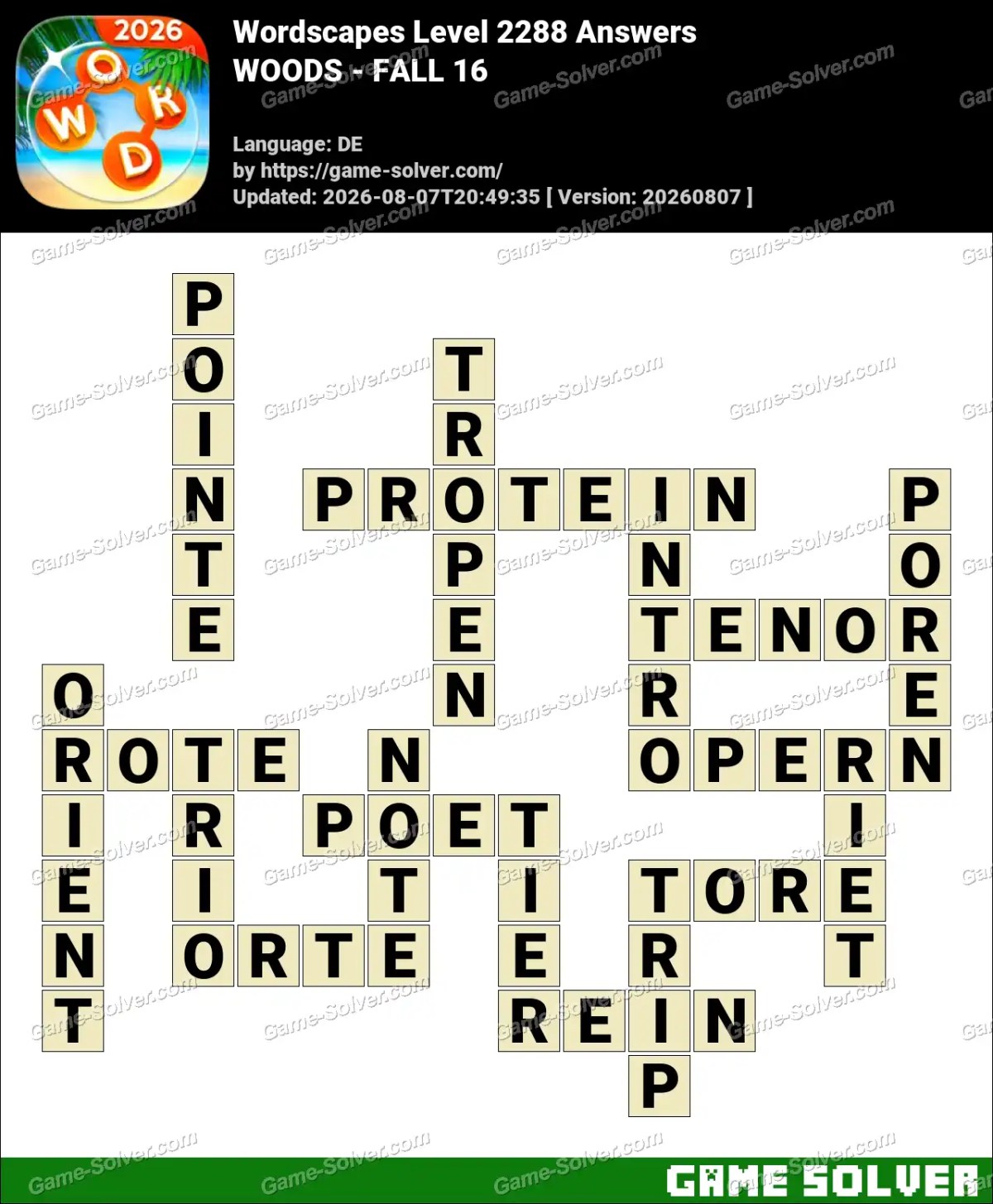 Wordscapes Deutsche Level 2288 Answers — WOODS - FALL 16