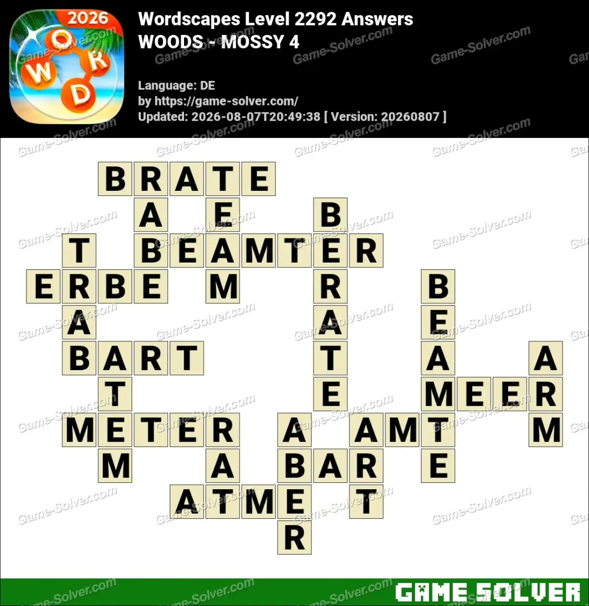 Wordscapes Deutsche Level 2292 Answers — WOODS - MOSSY 4