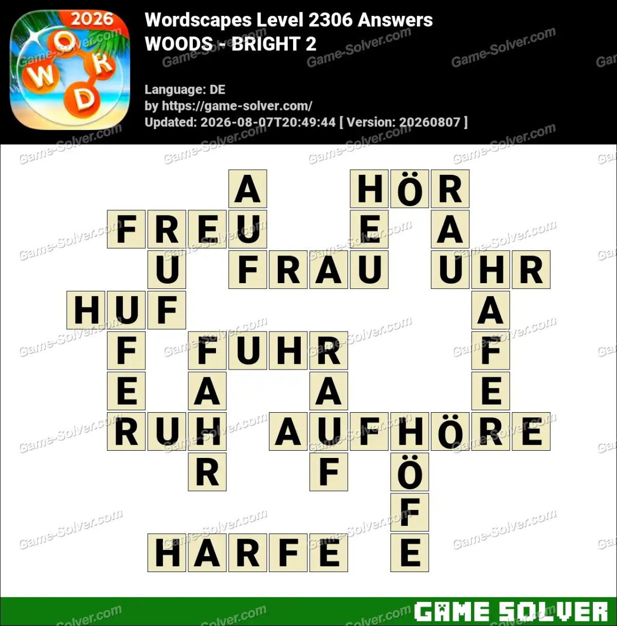 Wordscapes Deutsche Level 2306 Answers — WOODS - BRIGHT 2