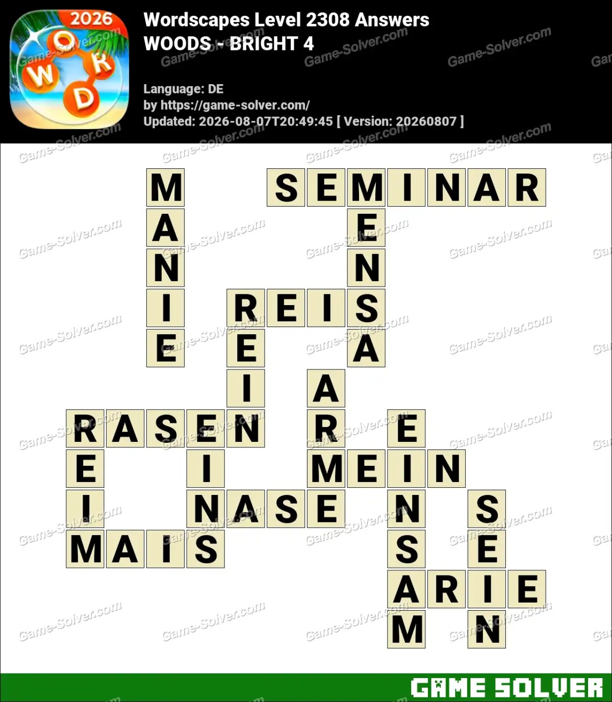 Wordscapes Deutsche Level 2308 Answers — WOODS - BRIGHT 4