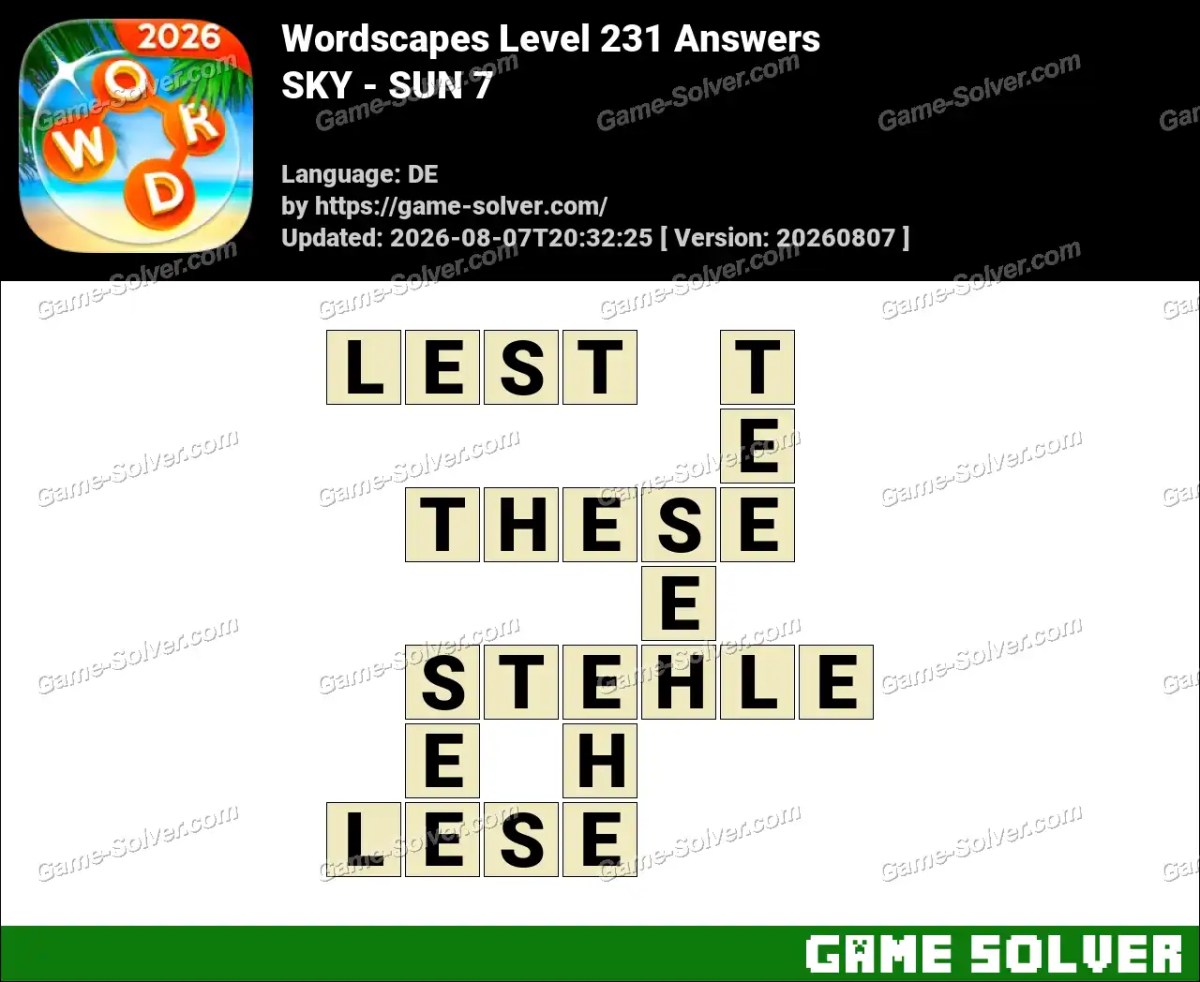Wordscapes Deutsche Level 231 Answers — SKY - SUN 7