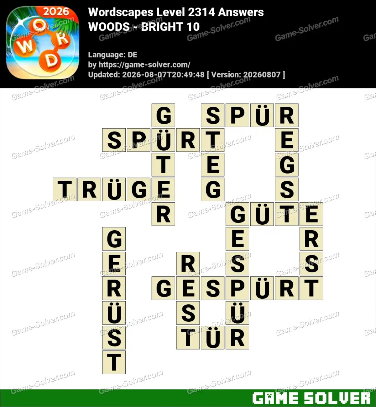 Wordscapes Deutsche Level 2314 Answers — WOODS - BRIGHT 10