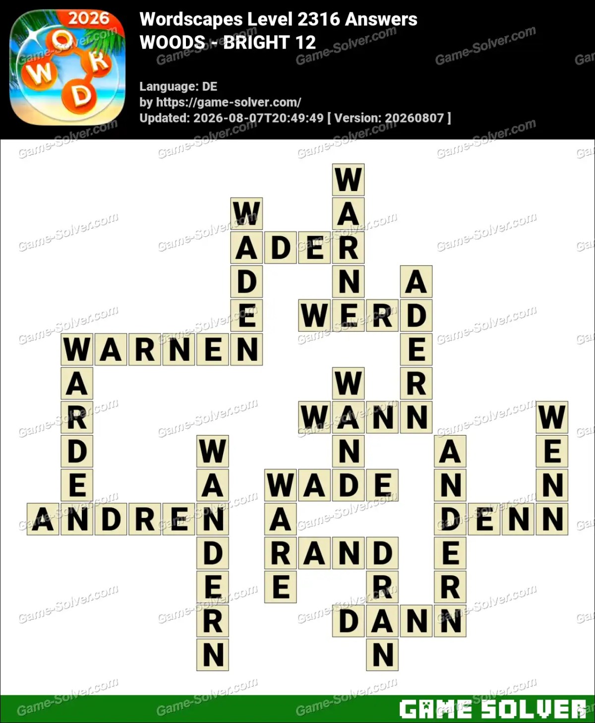 Wordscapes Deutsche Level 2316 Answers — WOODS - BRIGHT 12
