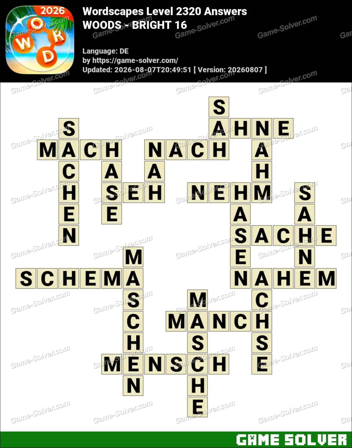 Wordscapes Deutsche Level 2320 Answers — WOODS - BRIGHT 16