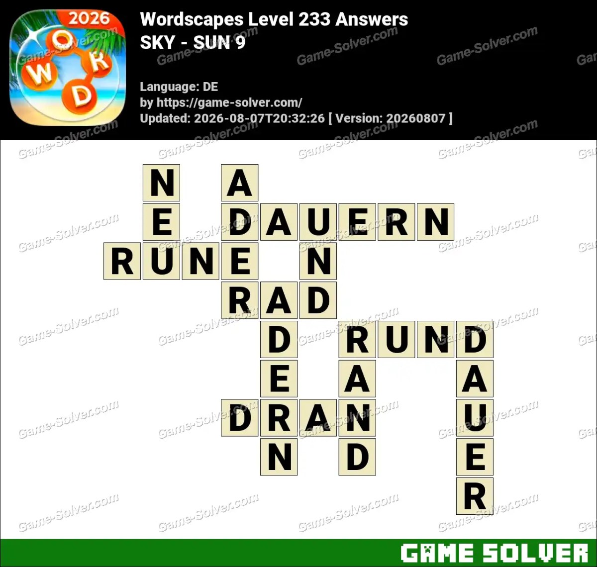 Wordscapes Deutsche Level 233 Answers — SKY - SUN 9
