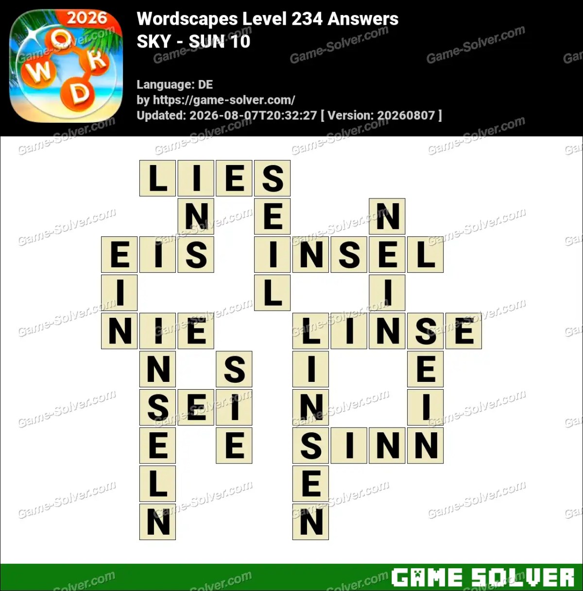 Wordscapes Deutsche Level 234 Answers — SKY - SUN 10