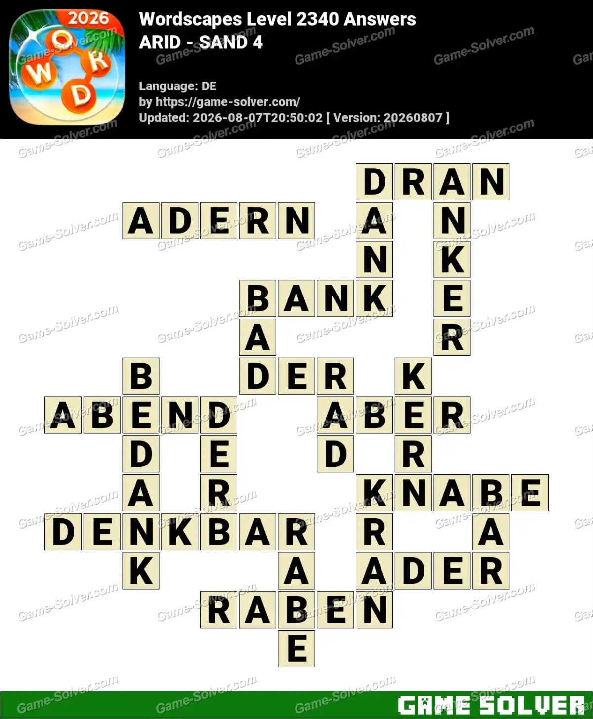 Wordscapes Deutsche Level 2340 Answers — ARID - SAND 4