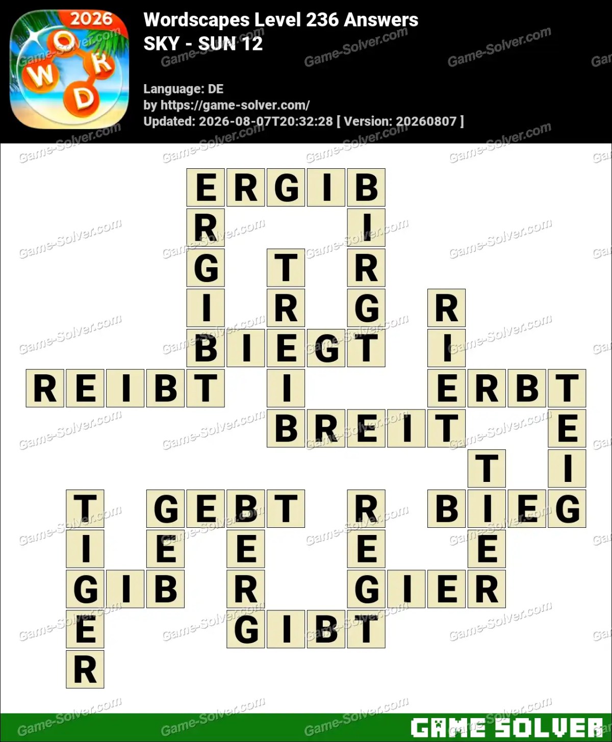 Wordscapes Deutsche Level 236 Answers — SKY - SUN 12