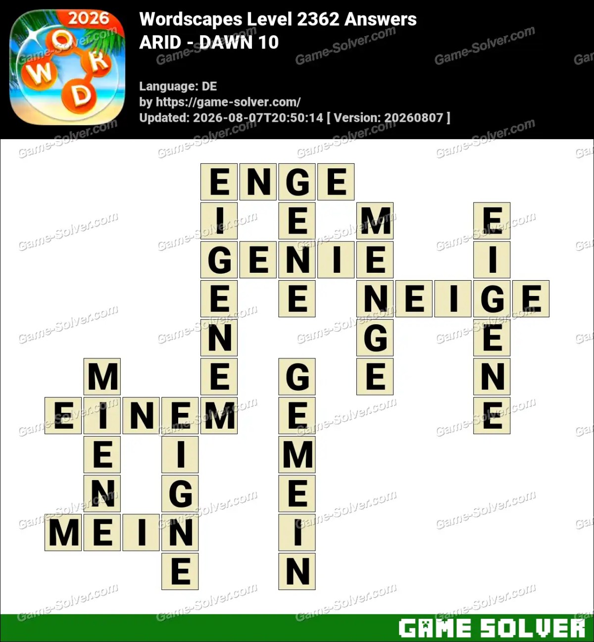 Wordscapes Deutsche Level 2362 Answers — ARID - DAWN 10