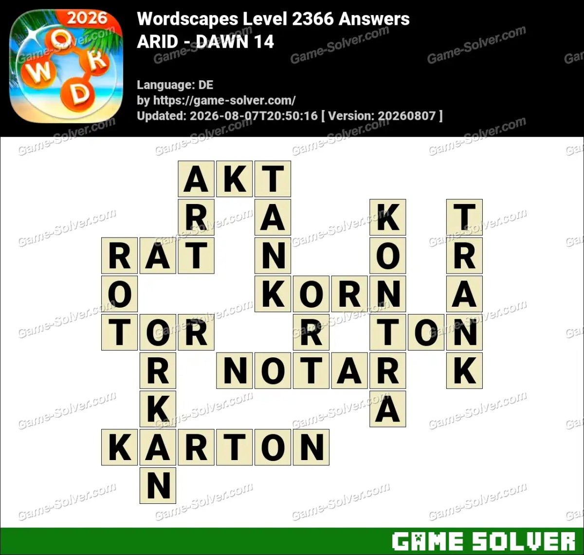 Wordscapes Deutsche Level 2366 Answers — ARID - DAWN 14