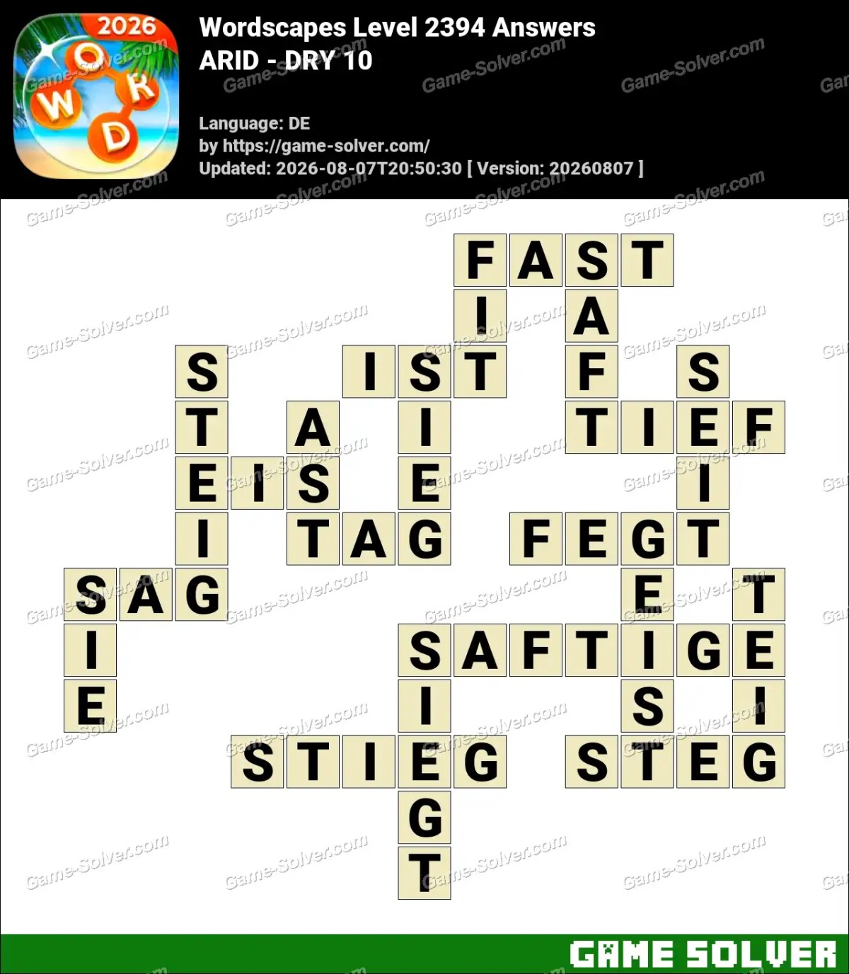 Wordscapes Deutsche Level 2394 Answers — ARID - DRY 10