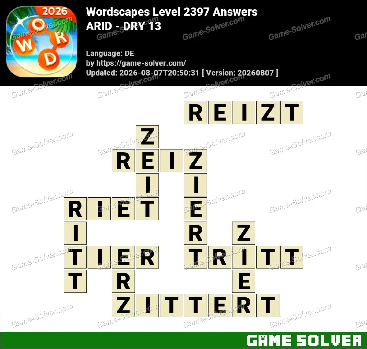 Wordscapes Deutsche Level 2397 Answers — ARID - DRY 13 Wordscapes Deutsche Level 2397 Answers — ARID - DRY 13