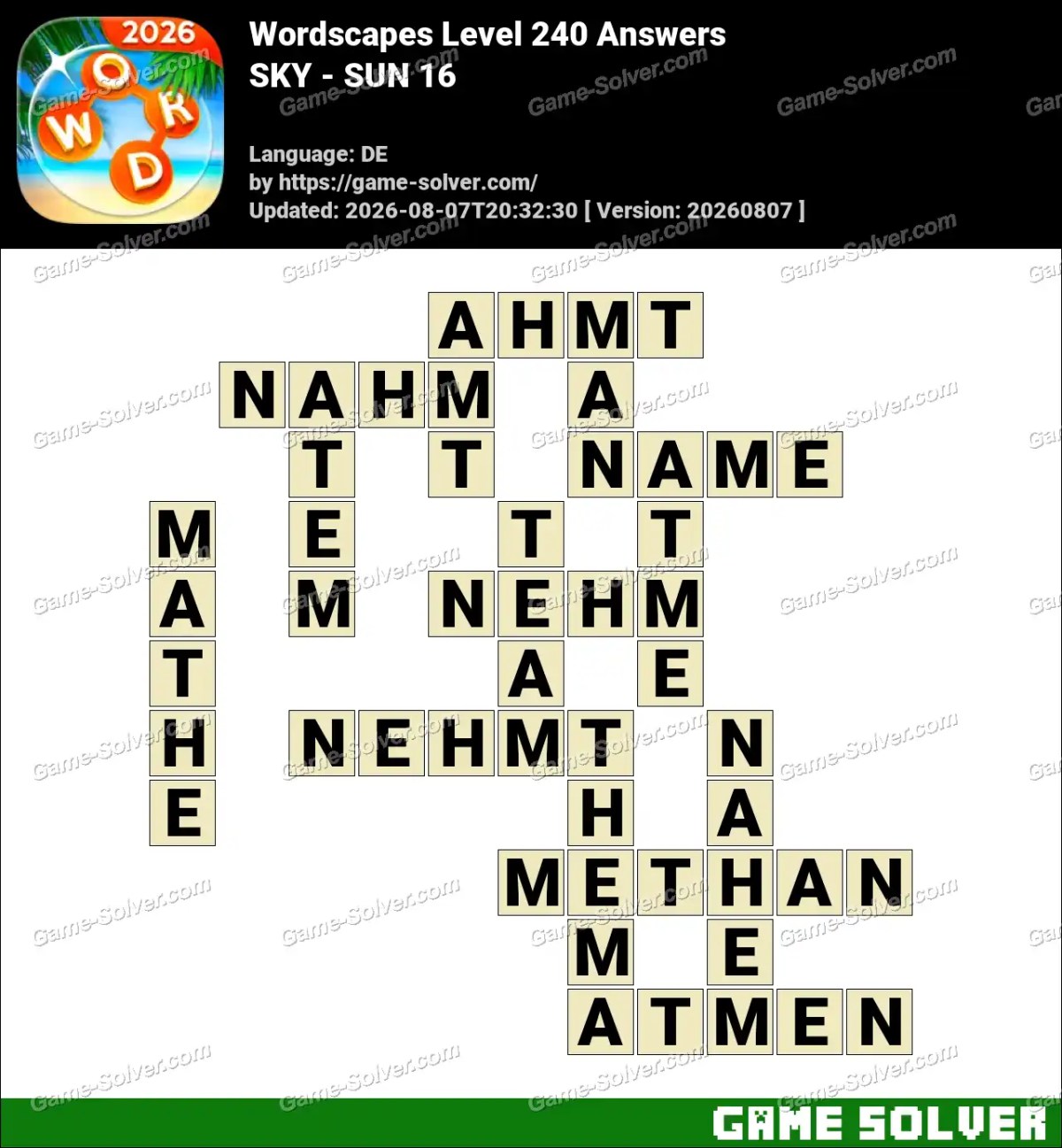 Wordscapes Deutsche Level 240 Answers — SKY - SUN 16
