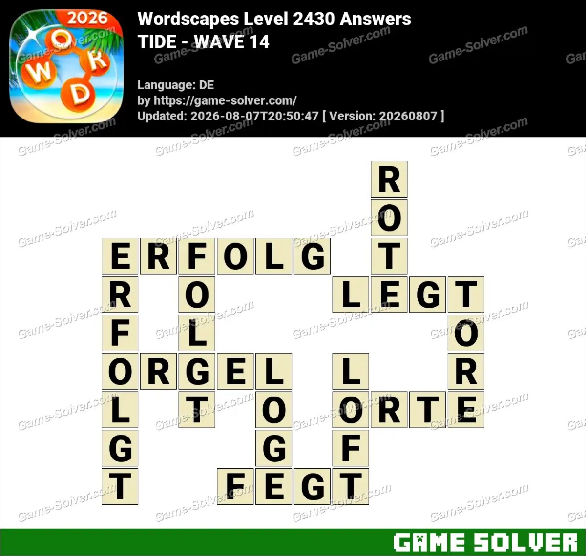 Wordscapes Deutsche Level 2430 Answers — TIDE - WAVE 14
